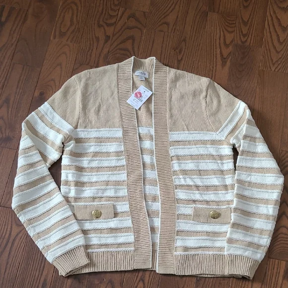 New J. Crew Women's Tan and Cream Striped Open Cardigan Swearter Size Xs - Picture 3 of 9